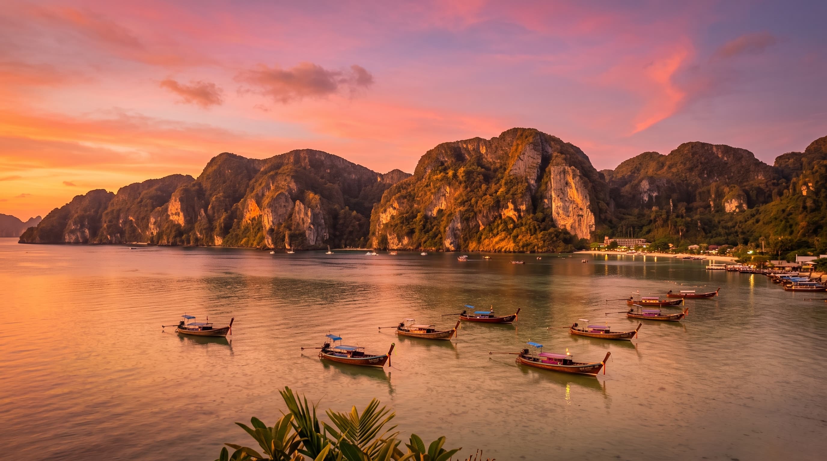 พระอาทิตย์ตกท้องฟ้าสีทอง เรือหางยาวจอดเรียงท่าเรือพีพี