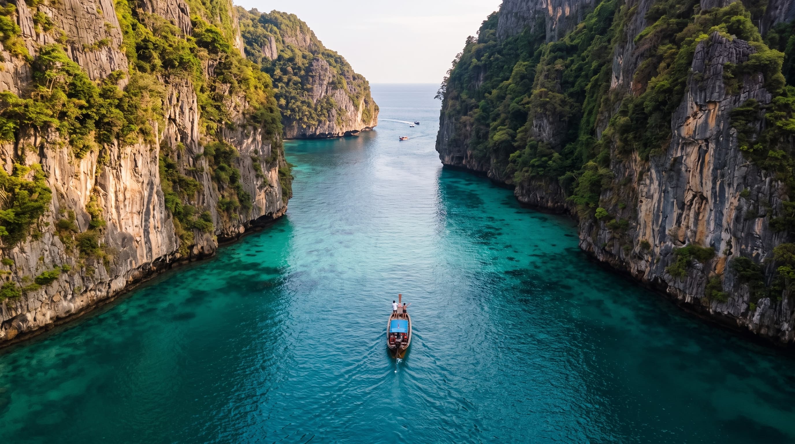 เรือหางยาวในอ่าวพิเลห์ ระหว่างหน้าผาหินปูน